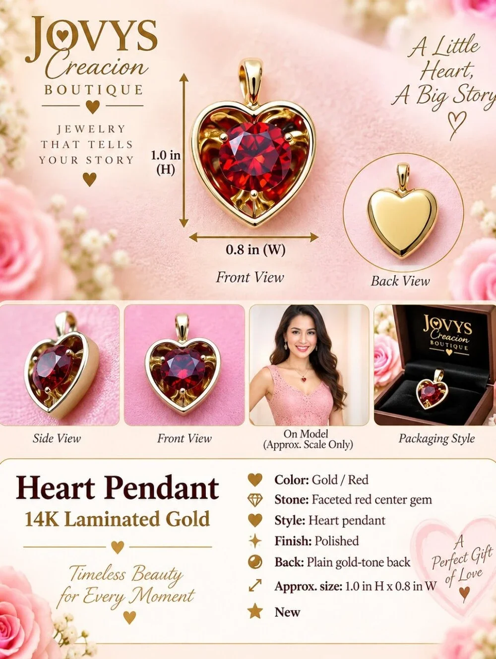 14k. Laminated Gold Heart Pendant Necklace with Red Gemstone